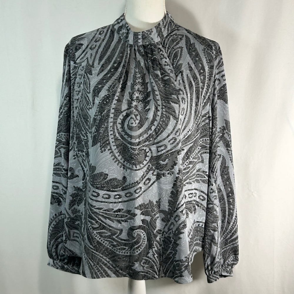 Cato Grey Black Paisley Mock Neck Pleated Blouse XL Long Sleeve Keyhole Back Top